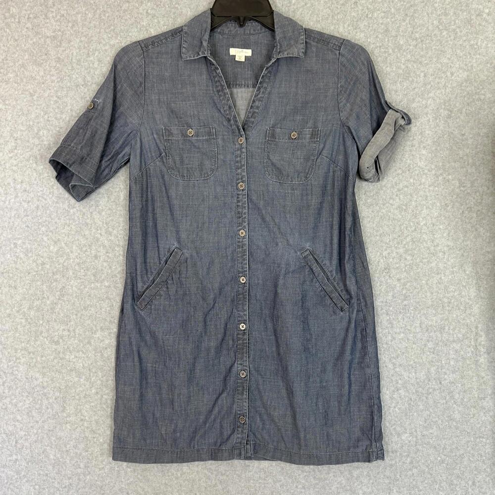 J Jill Denim Chambray Shirt Dress Small Petite Tencel Linen Blend Tab Sleeve